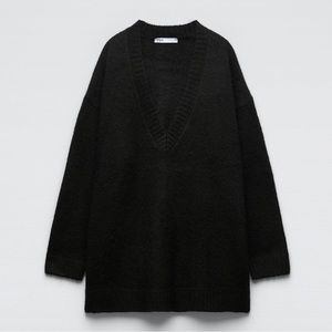 Zara Oversized Pullover Knit Sweater V-Neckline Long Sleeves Black Sz S